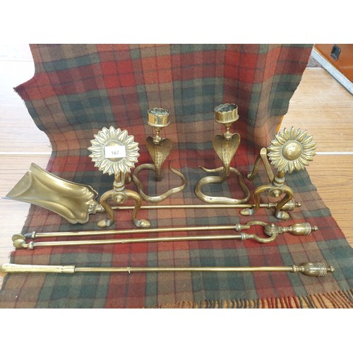 167 - Brass Companion Set With Fire Dogs And 2 Serpent Brass Candlesticks