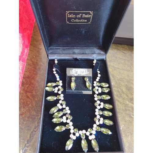 57 - Isle Of Bute Collection Beautiful Diamonte And Green Stone Necklace And Ear Ring Set In Original Box