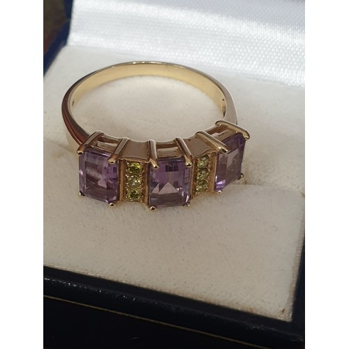 6 - Beautiful Large 9ct Gold Ring With Amethyst And Peridot Stones In Art Deco Form