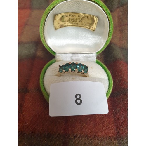 8 - Beautiful Ladies 9ct Gold Ring With 5 Green Stones Straight Setting