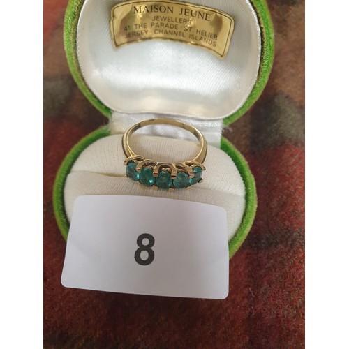 8 - Beautiful Ladies 9ct Gold Ring With 5 Green Stones Straight Setting