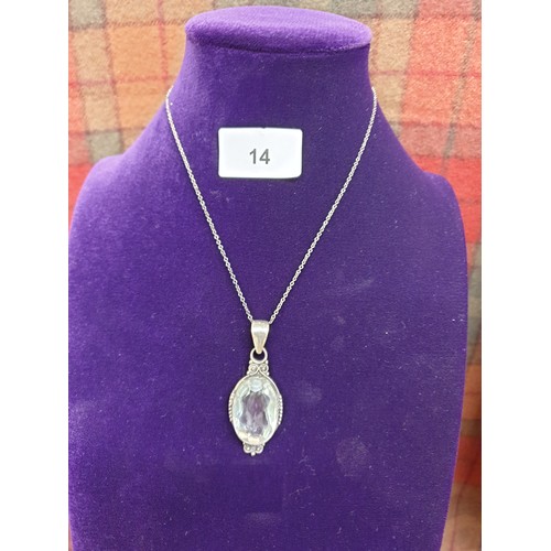 14 - Super Quality Silver Necklace With Large Silver Clear Stone Pendant