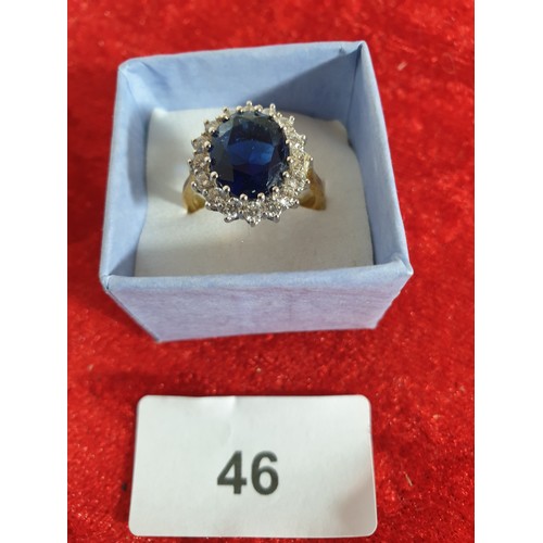 46 - Large Gold On Silver Blue And Clear Stone Cluster Ring