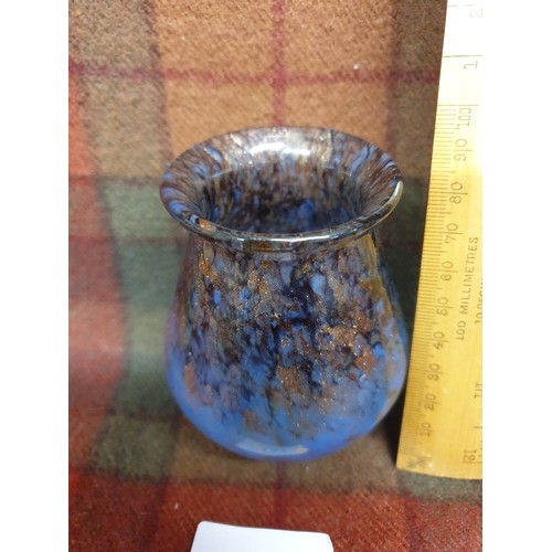 131 - Beautiful Monart Blue Gold And Black Adventurine Pattern Scottish Glass Vase 11cms Tall vgc