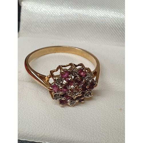 38 - 9ct Gold Diamonds And Rubies Cluster Ring Size p