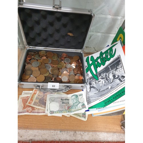 82 - Box Of Coins And Notes And Small Slection Of Football Programmes