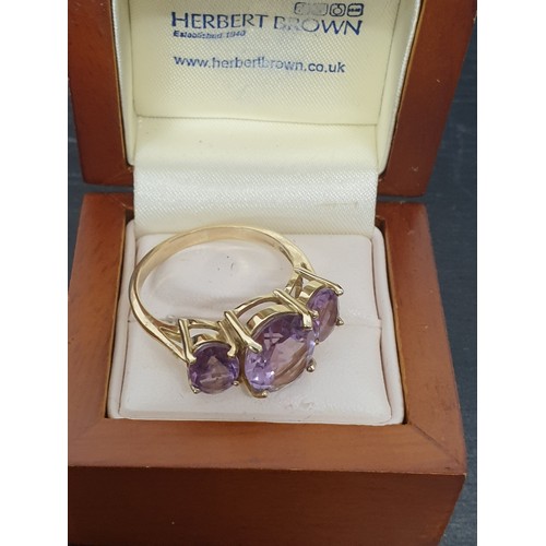 7 - Large Stunning 9ct Gold Amethyst 3 Stone Ring