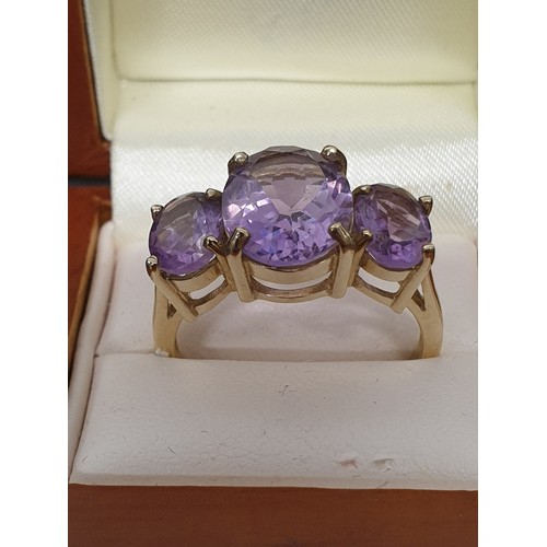 7 - Large Stunning 9ct Gold Amethyst 3 Stone Ring