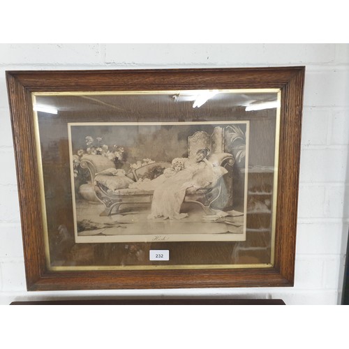 232 - Beautiful Victorian Etching Lady And Child Reclining On Chaise Longe In Oak Frame With Oak Inset Fra... 