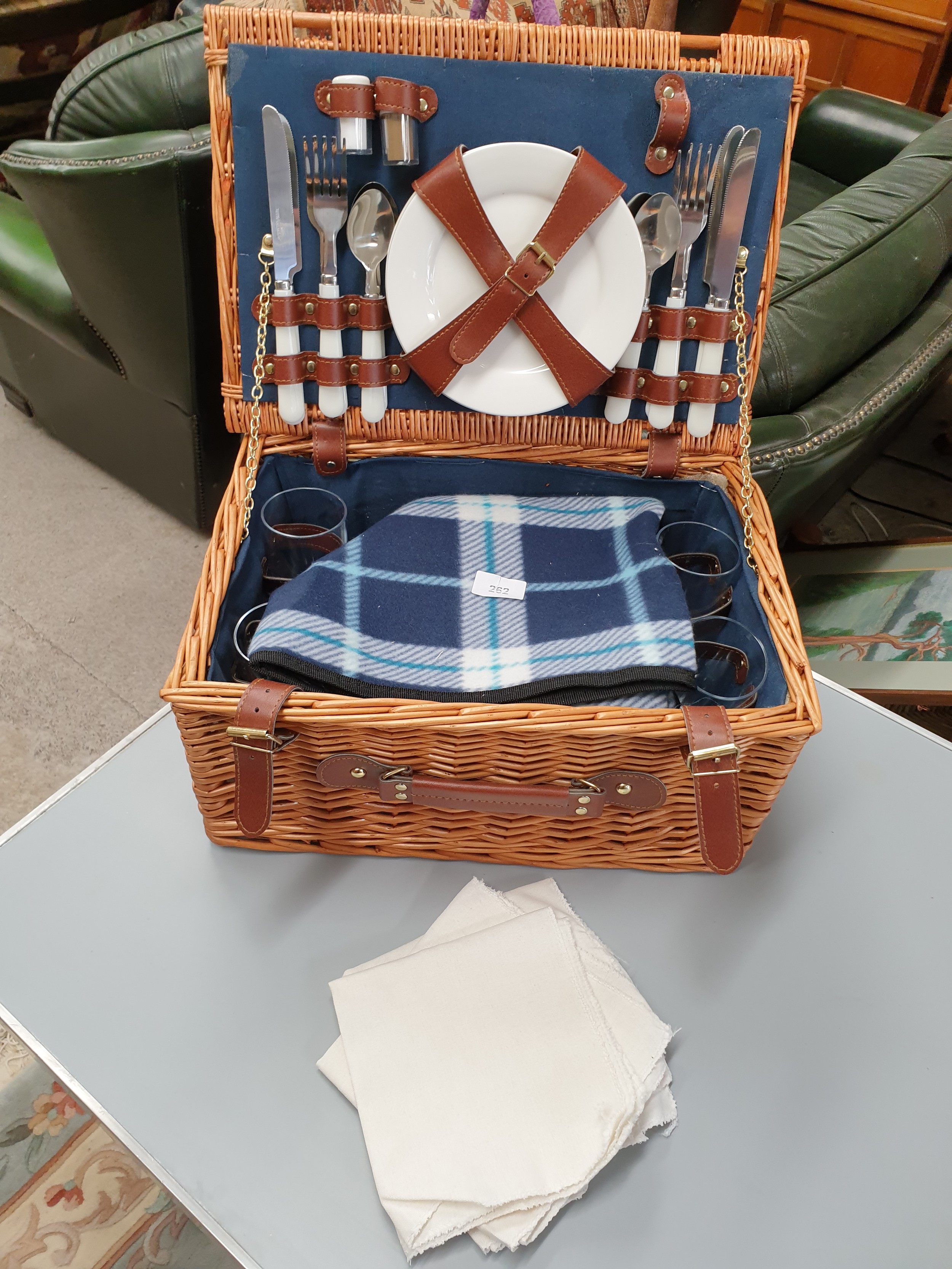 Wicker Picnic Basket Complete With Picnic Items.