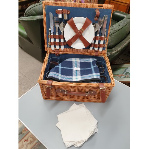 Wicker Picnic Basket Complete With Picnic Items.