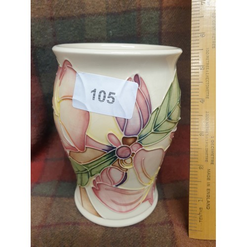 105 - Moorcroft Vase Cream Ground with Floral Design Signed Stands 14cms Tall.