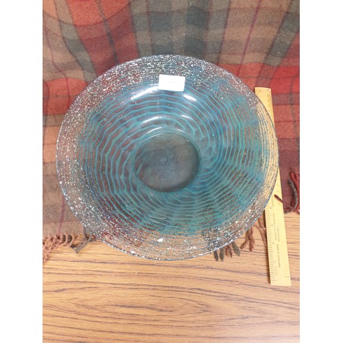 100 - Large Monart Glass Bowl 28.5 Cms Diameter Blue Wavy Lines To Silver ene Glitter Pattern.