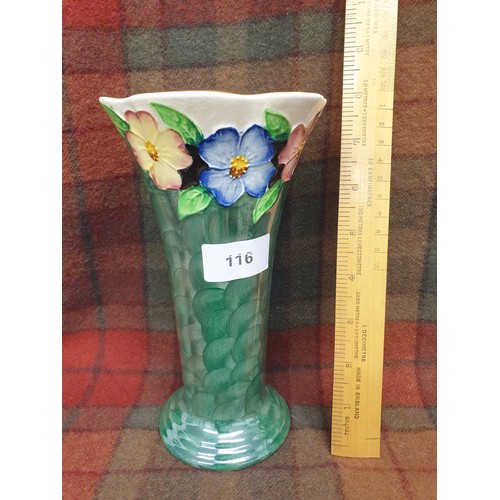 116 - Beautiful Maling Fluted Emerald   Green Vase Stands 20 cms Tall.