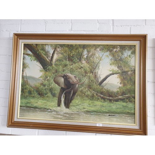 235 - Large Oil Painting Elephant At Waters Edge Signed Mc Donald.