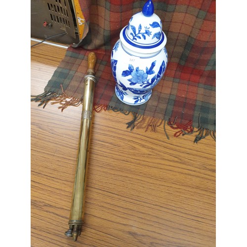 247 - Large Blue Temple Jar And Cover With Brass Garden Sprayer.