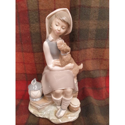 124 - Large Lladro Figure Girl With Dog And Storm Lamp Sitting On Rocks Stands 23cms Tall