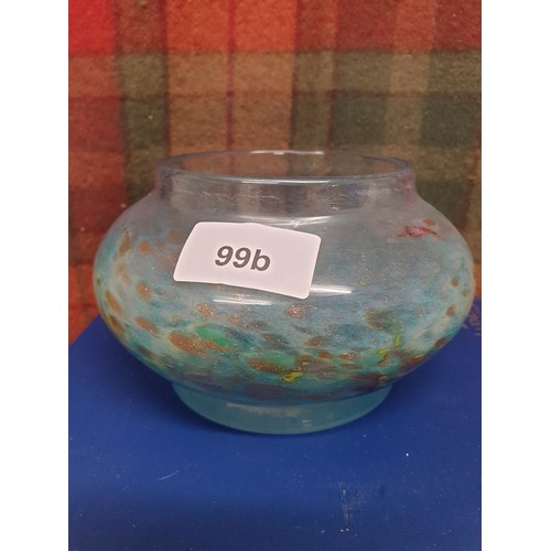 99b - Lovely Monart Glass Bowl With Blue Orange And Gold Adventurine Pattern Stands 9cms Tall And 15cms Di... 