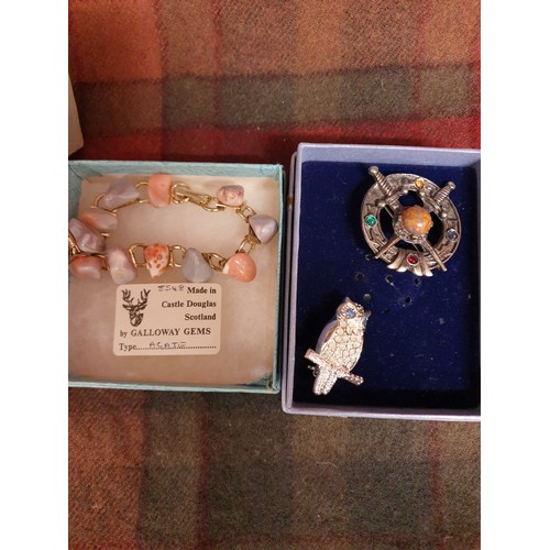 73 - Scottish Brooch, Owl Brooch Galloway Gems Bracelet And Swarovski Crystal Pendant Ans Chain