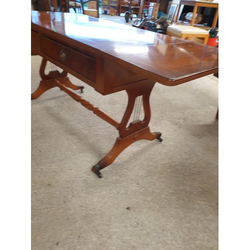 180 - Drop End 2 Drawer Table With Lyre Ends Brass Casters With Lion Paw Feet