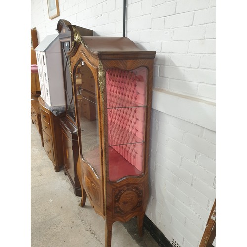 82 - Beautiful Inlaid French Style Cabinet With Padded Back Brass Ormalou Fittings Glazed Door And Shelve... 