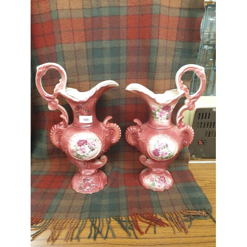 185 - Pair Staffordshire Water Jugs Pink Roses Pattern