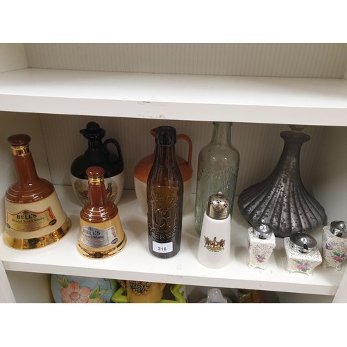 216 - Shelf Of Pub Items To Include Decanters Old Glass Bottles ect