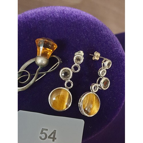 54 - Pair Silver Tigers Eye Drop Ear Rings And Silver Amber Coloured Stone Scottish Thistle Brooch