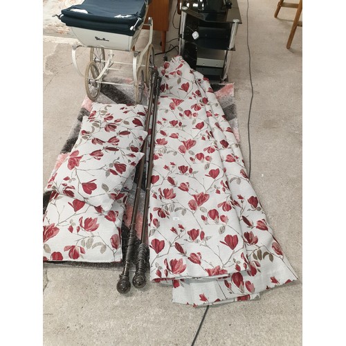 252 - 2 Pairs Of Lined Curtains Curtain Poles And Matching Cushions Curtains  70 inch drop