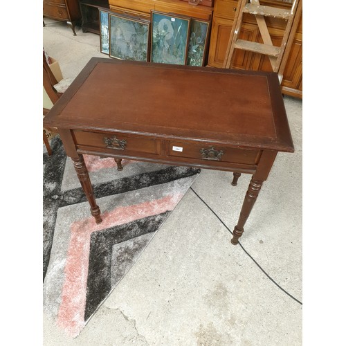 254 - Victorian Leather Topped Desk With Turned Legs Twin Drawer Front