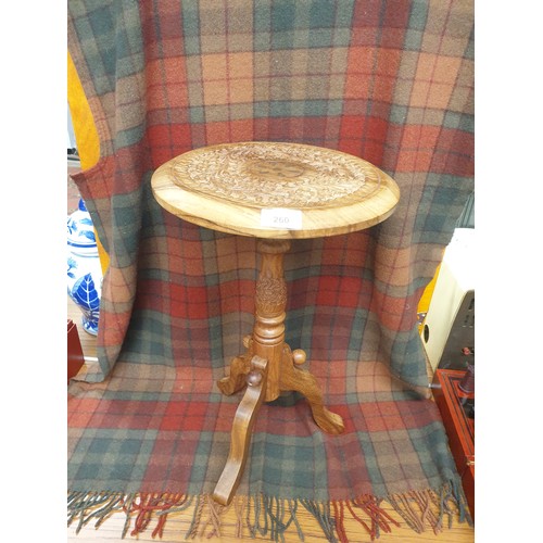 260 - Nice Wee Arts And Crafts Teak Carved Table With Brass Inlays Tri Leg