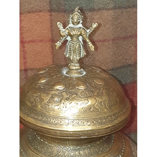 260a - Large Early Tibetan Style Brass Sensor Urn With Cover And Tibetan God Finial Stands 35cms Tall