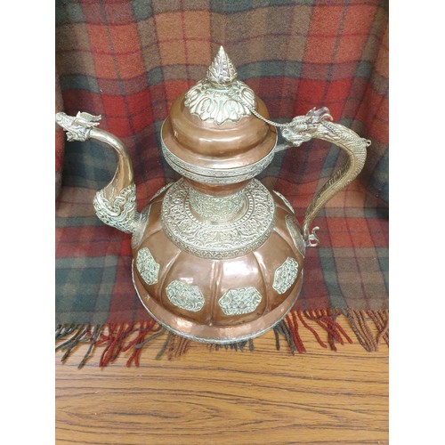 268 - Large Copper And Brass Oriental Large Tea Pot Stands  35cms tall 34cms from Spout To Handle Dragon P... 