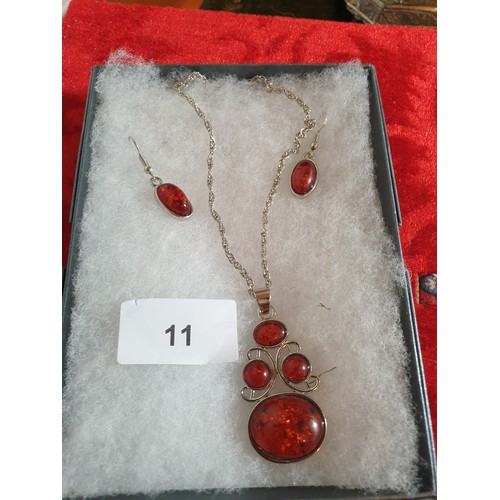 11 - Amber Coloured Stone Ear rings And Matching Pendant With Chain