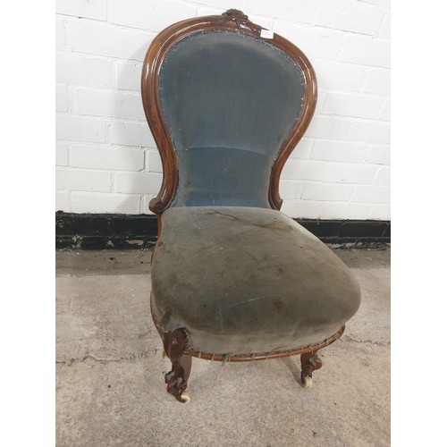 418 - Victorian Spoon Back Chair Needs Recovering Brass With Ceramic Casters