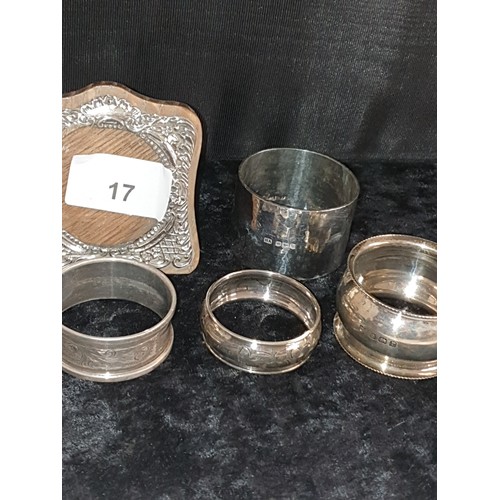 17 - 4 Silver Hallmarked Napkin Rings And Silver  Photo Frame Napkin Rings Weigh 92 g