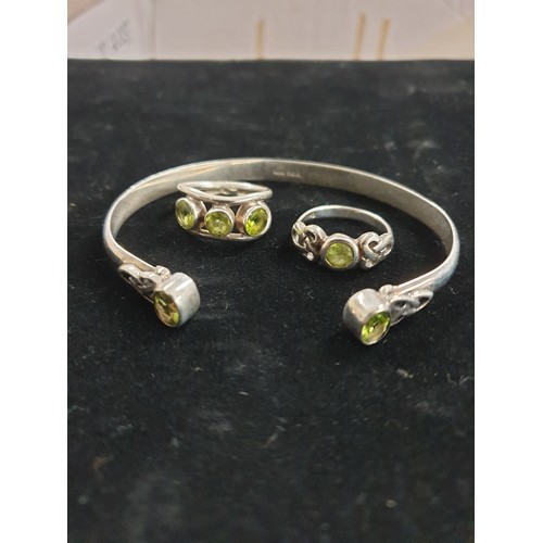 23 - Stunning Silver 3 Piece Set Silver And Peridot  Bangle And Silver And Peridot Rings In Scottish Desi... 