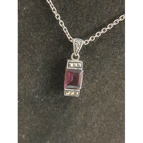 53 - Silver Necklace With Beautiful Amethyst And Marcasite Pendant