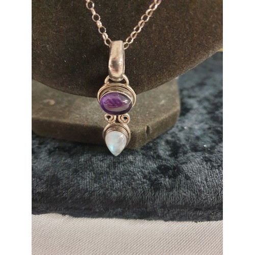 54 - Beautiful Silver Necklace With Moodstone And  Amethyst Pendant Stunning