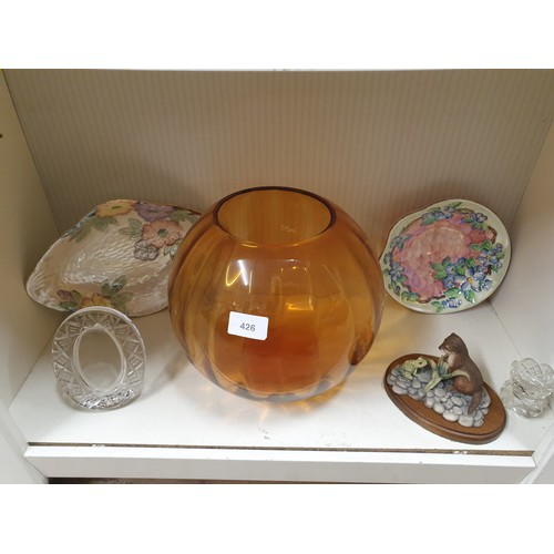 426 - 2 Pieces Maling Border Fine Arts Otter Crtstal Picture Frame And Large Amber Glass Bowl