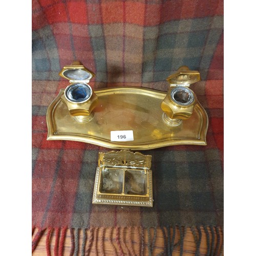 196 - Brass Double Ink Well Stand With Glass Liners And Brass Stamp Box