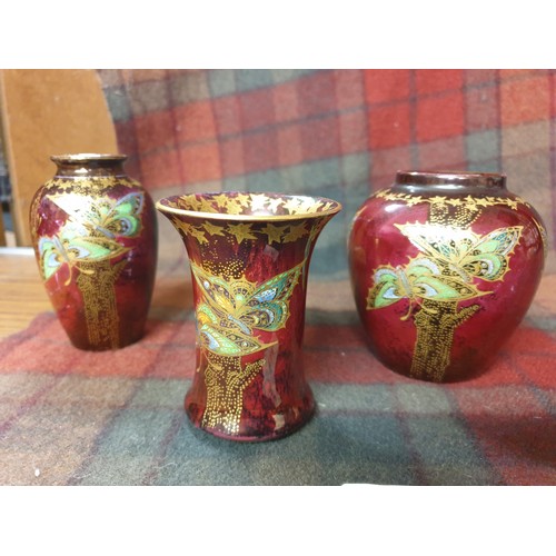 146 - 3 Crown Devon Sylvan Lustre Vases Butterfly Pattern