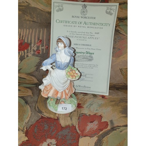 172 - Limited Edition Royal Worcester Figure Old Country Ways Rosie Picking Apples With Certificate