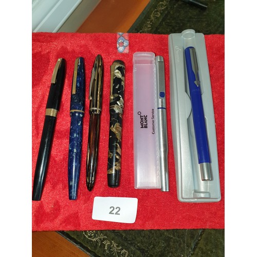 22 - 5 Assorted Nib Pens 3 Sheaffer i Mont Blanc 1 Parker And a ball point  Parker Pen