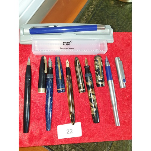 22 - 5 Assorted Nib Pens 3 Sheaffer i Mont Blanc 1 Parker And a ball point  Parker Pen