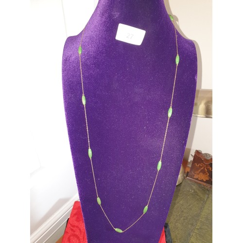 27 - 9ct Gold Chain With Green Stone Links 92cms long