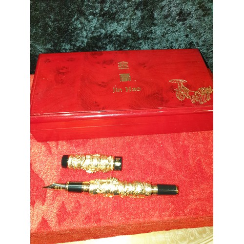 9 - Top Quality 18 Ct Gold Plated Nib Pen In Beautiful Display Box Jin Hao With Raised Dragon Decoration... 