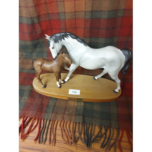 115 - Beswick Rare Colouration Grey Mare With Brown Foal ON Wooden Plinth Spirit Of Affection