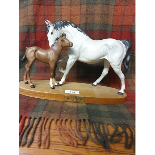 115 - Beswick Rare Colouration Grey Mare With Brown Foal ON Wooden Plinth Spirit Of Affection