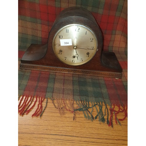 314 - Oak Cased Mantel Clock With Key And Pendulum